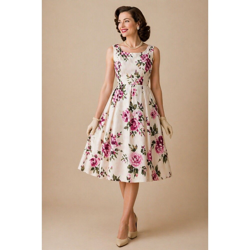 Donna Ricco 100% Silk Floral Dress Size 8 Pink Roses Fit Flare - Picture 9 of 16